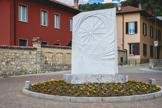 Albese Con Cassano, Italy - 05.01.2022: Monument For Fabio Casartelli, Olympic Champion 1992. Honoring The Memory Of Cyclist Fabio Casartelli Who Was Killed In A Crash During Tour De France.