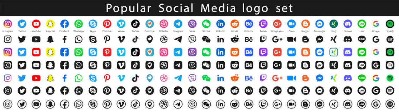 Instagram, Facebook, Twitter, Youtube, Snapchat, Skype, Pinterest, Whatsap, Vimeo, Periscope logo set. Social media icons set. Social media app icon. Vector illustration