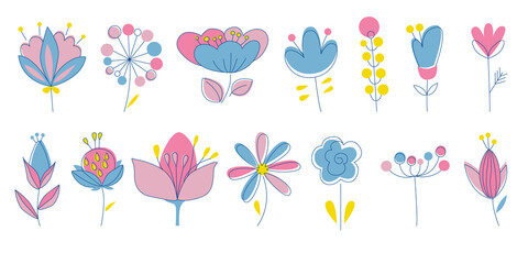 Blue pink floral design elements. Spring tulips peony chamomile decorative pattern. Vector set