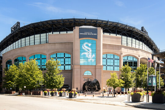 CHICAGO, IL, USA - AUGUST 24, 2019: The exterior of the MLB's Chicago White Sox's Guaranteed Rate Field. The baseball stadium has had many name changes over the years but is best known for Comisky.