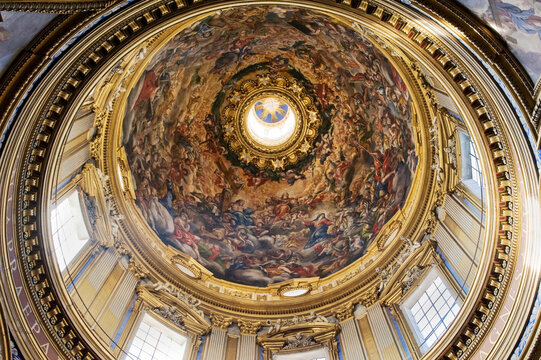 View into frescoed cupola representing the Apotheosis of Saint Agnes, and pendentives. Saint Agnese In Agone Church Basilica Dome, Rome, Italy 