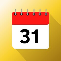 31 Thirty one january february march april may june july august september october november red calendar with yellow background with 3d shadow 