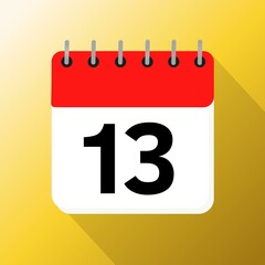 Thirteen 13 january february march april may june july august september october november red calendar with yellow background with 3d shadow 