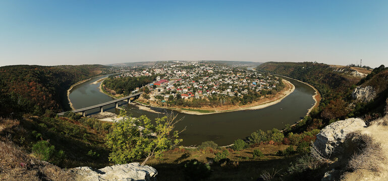 panoramic banner of Amazing view on the Dniester River Canyon. View to Zalishchyky town, Ternopil region, Ukraine.