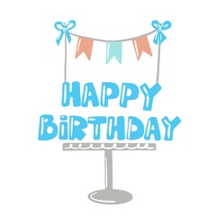 Happy Birthday, hand drawing template in blue colour with flags and bows on white background.