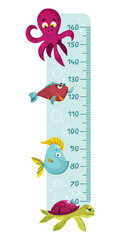 A childs height meter with a cartoon funny fish. Vector wall decor for childrens room, pediatricians office and polyclinics.