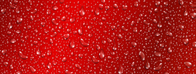 Background of small realistic water drops in red colors