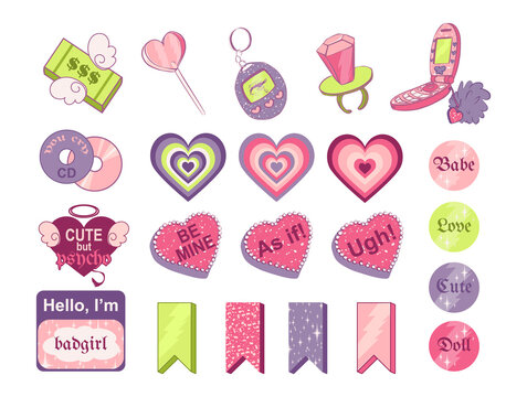 Collection of cute and cool stickers in 90s and Y2K style. Vector set of pink glitter elements for girls bujo