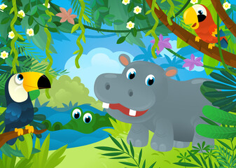 Naklejka na ściany i meble cartoon scene with jungle animals being together illustration