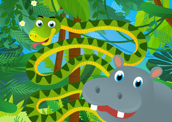 cartoon scene with jungle animals being together illustration