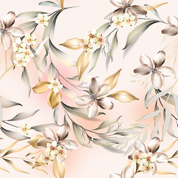 Vector seamless pattern with gold  leaves. Exotic botanical background design for cosmetics, spa, textile. Best as wrapping paper, wallpaper.