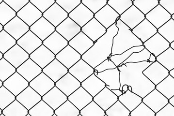 Fototapeta premium chain-link mesh, the photo shows a torn metal mesh on a white background