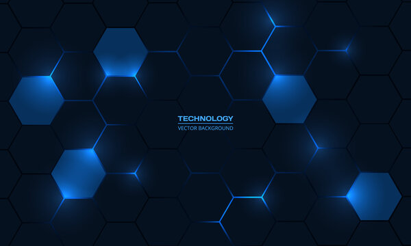 Dark blue hexagonal technology vector abstract background. Blue bright energy flashes under hexagon in modern technology futuristic background vector illustration. Dark blue honeycomb texture grid.