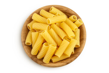 raw italian Rigatoni pasta in wooden bowl isolated on white background with clipping path and full depth of field. Top view. Flat lay