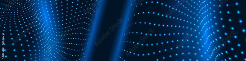 Poster Digital technology wave of particles mesh vector abstract background. Dark modern tech wide banner.