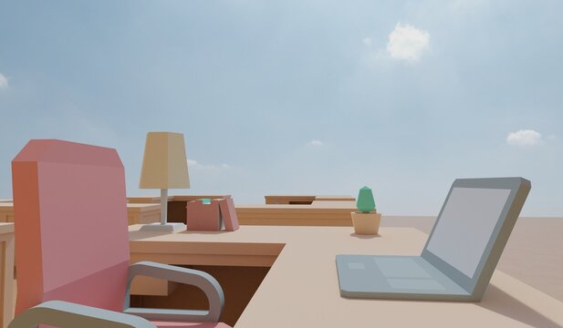 3D Render of Office environment with furniture concept nobody no people. Low-poly minimalist office set-up.