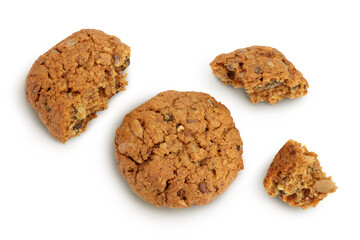 oatmeal cookies with flax, pumpkin and sunflower seeds isolated on white background with clipping path and full depth of field. Top view. Flat lay