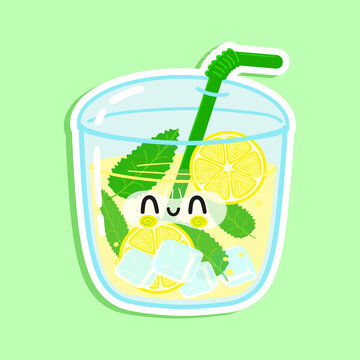 Cute funny lemonade sticker character. Vector hand drawn cartoon kawaii character illustration icon. Isolated on white background. Lemonade character concept