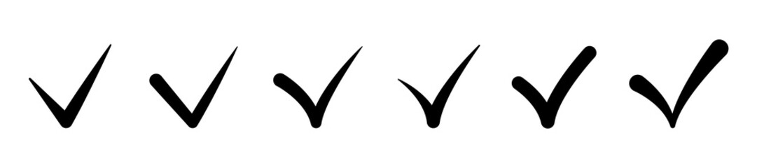 Check mark. Set of black tick icons isolated on white background. Vector clipart.