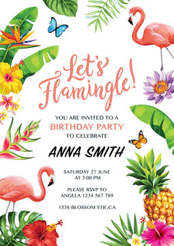 Flamingo party invitation. Tropical Hawaiian poster. Template design. Vector illustration.