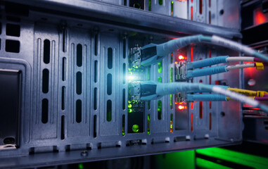 Multicolor Telecommunication Internet Network Server Rack. Close-up Data Center.