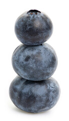 Macro of juicy fresh three blueberries on top of each other on isolated white background