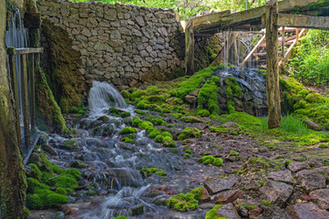 "New wave" garden view with water stream and alpine slide