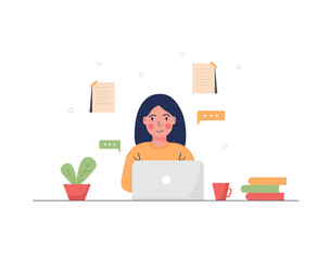 Woman with laptop . Online education. Concept illustration for working, freelancing, studying, education, work from home