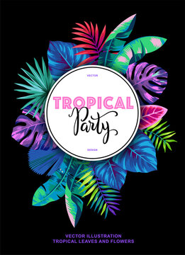 Tropical Hawaiian party invitation with palm leaves on a black background. Round frame in bright colors. Vector illustration.