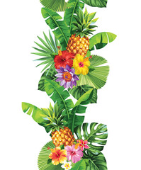 Tropical seamless vertical border with palm leaves and exotic flowers. Vector illustration. © Anna Sm