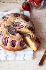 Sliced delicious strawberry one layer cake powdered with sugar. Close up.