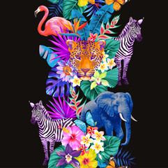Tropical seamless vertical border with palm leaves, exotic flowers, wild animals and birds on a black background. Vector illustration. - obrazy, fototapety, plakaty