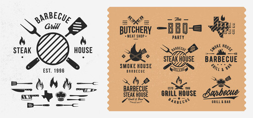 Vector Vintage Barbecue logo set. Set of 10 bbq logo templates and 14 design elements for BBQ, Butchery, Restaurant, Cooking class, Grill emblems. Trendy vintage hipster design. - obrazy, fototapety, plakaty