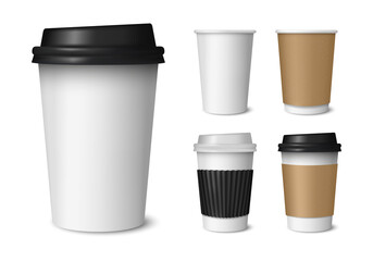 Paper coffee cup mockups. Coffee paper, plastic mug templates. Cup mockup for tea, coffee packaging. Vector illustration - obrazy, fototapety, plakaty
