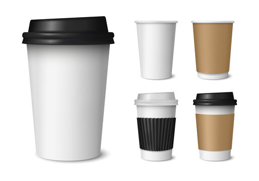 Paper coffee cup mockups. Coffee paper, plastic mug templates. Cup mockup for tea, coffee packaging. Vector illustration