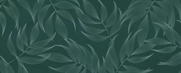 Fotobehang Abstracte kunstachtergrond met een patroon van tropische bladeren in blauw. Botanische banner in lijnstijl voor behangontwerp, decor, print, verpakking © VectorART