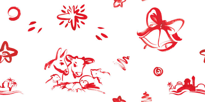 Seamless Christmas pattern, background with red graphics from nativity scene: Jesus Christ in manger with animals, star of Bethlehem. For festive Christmas design publications, products, prints.
