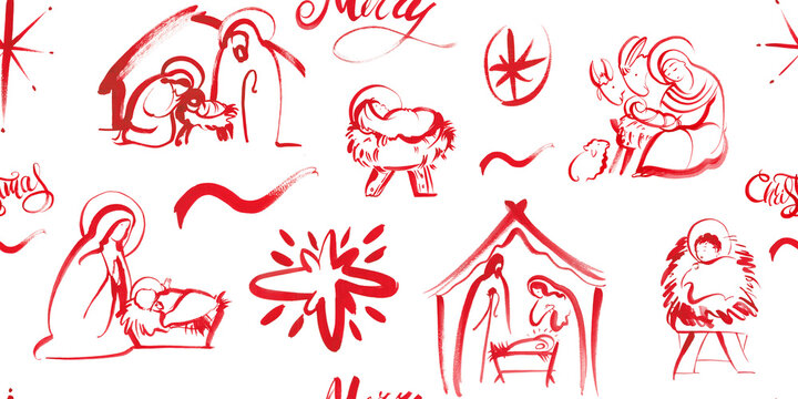 Seamless Christmas pattern, background with red graphics from nativity scenes. For festive Christmas publications, products, prints. Christian religious design