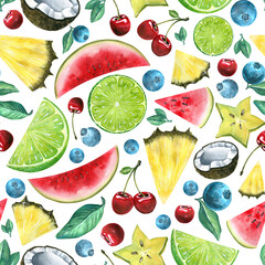 Tropical fruits, pineapple, watermelon, coconut, lime, carambola, blueberries and cherries. Bright, seamless pattern. Watercolor. For decoration and design of fabric, textiles, wallpaper, clothing.