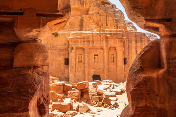 Ancient tomb of Roman soldier and funeral ballroom carved in sandstone rock, Petra, Jordan