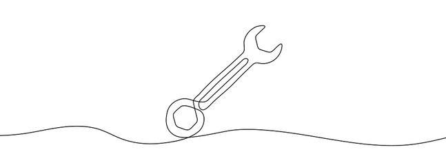 Continuous line drawing of wrench. Wrench linear icon. One line drawing background. Vector illustration. Wrench continuous line icon.