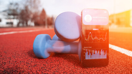 Gym app. Smartphone screen with sport gym or fitness health mobile application on dumbbell background. App for training indoors.