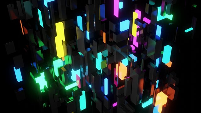 3d render. Different sizes cubes network lighting multicolor neon light, like night city. Abstract dark bg neon cubes light bulbs. Visualisation of working ai big data or blockchain technology.