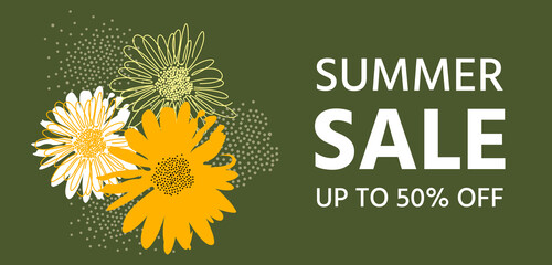 Summer Sale Discount Banner Template. Beautiful stylish background with flat design flowers. Season banner
