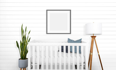 A modern farmhouse baby nursery bedroom with blank mock-up picture frames on the wall. 