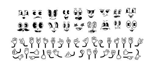 old cartoon mascot character elements. different clipart, faces, limbs. vector hands in different positions, arm. 