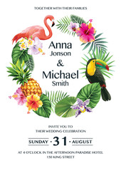 Tropical Hawaiian card template with birds, palm leaves and exotic flowers. Summer design. Vector illustration.