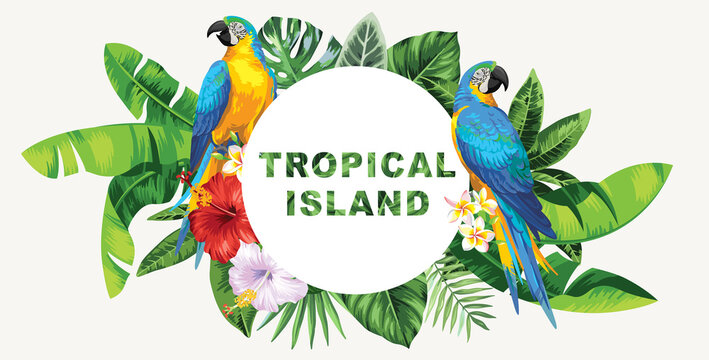 Tropical Hawaiian card template with birds, palm leaves and exotic flowers. Summer design. Vector illustration.