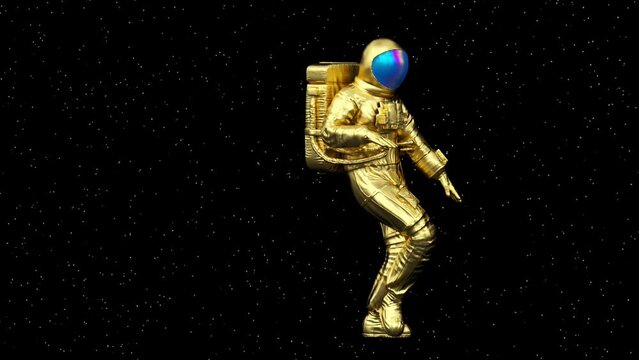 Surreal gold dancing happy astronaut or cosmonaut or spaceman in space suit, futuristic sci-fi cosmic galactic background, 3d render modern trendy contemporary creative animation