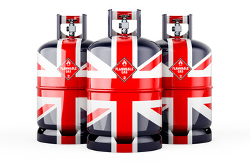 British flag painted on the propane cylinders with compressed gas, 3D rendering